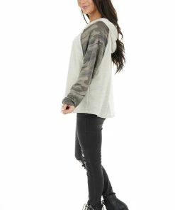 12PM Tops Oatmeal Hoodie Knit Top With Camo Print Contrast Sleeves 23 12PM Tops Oatmeal Hoodie Knit Top With Camo Print Contrast Sleeves