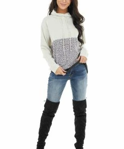 12PM Oatmeal Knit Cowl Neck Sweatshirt With Slate Leopard Print Tops