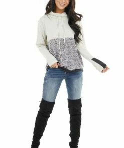 12PM Oatmeal Knit Cowl Neck Sweatshirt With Slate Leopard Print Tops 21 12PM Oatmeal Knit Cowl Neck Sweatshirt With Slate Leopard Print Tops