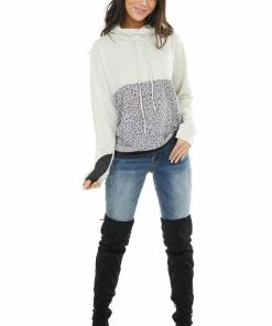 12PM Oatmeal Knit Cowl Neck Sweatshirt With Slate Leopard Print Tops 20 12PM Oatmeal Knit Cowl Neck Sweatshirt With Slate Leopard Print Tops