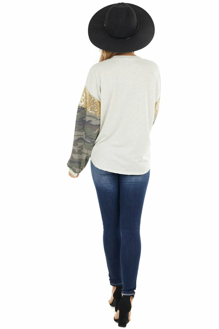 12PM Oatmeal Knit Top With Camo Print And Gold Sequin Long Sleeve 9 12PM Oatmeal Knit Top With Camo Print And Gold Sequin Long Sleeve