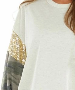 12PM Oatmeal Knit Top With Camo Print And Gold Sequin Long Sleeve 25 12PM Oatmeal Knit Top With Camo Print And Gold Sequin Long Sleeve