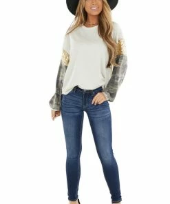 12PM Oatmeal Knit Top With Camo Print And Gold Sequin Long Sleeve