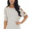 Lovely J Oatmeal Knit Top With Ladder Cut Out Half Length Sleeves