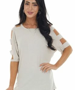 Lovely J Oatmeal Knit Top With Ladder Cut Out Half Length Sleeves