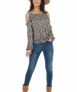 Peach Love Oatmeal Leopard Print Long Sleeve Top With Cold Shoulders Tops