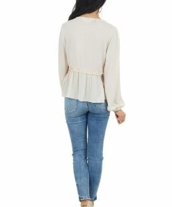 Peach Love Tops Oatmeal Long Puff Sleeve Babydoll Top With Ruffle Detail