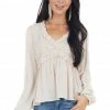 Peach Love Tops Oatmeal Long Puff Sleeve Babydoll Top With Ruffle Detail