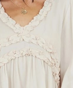 Peach Love Tops Oatmeal Long Puff Sleeve Babydoll Top With Ruffle Detail