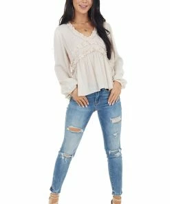 Peach Love Tops Oatmeal Long Puff Sleeve Babydoll Top With Ruffle Detail