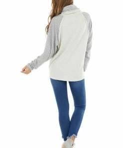 12PM Oatmeal Raglan Top With Contrast Sleeves And Cowl Neck Tops 24 12PM Oatmeal Raglan Top With Contrast Sleeves And Cowl Neck Tops