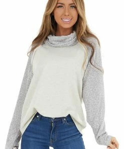 12PM Oatmeal Raglan Top With Contrast Sleeves And Cowl Neck Tops