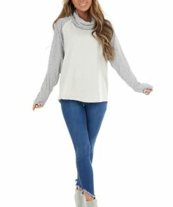 12PM Oatmeal Raglan Top With Contrast Sleeves And Cowl Neck Tops 22 12PM Oatmeal Raglan Top With Contrast Sleeves And Cowl Neck Tops