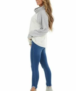 12PM Oatmeal Raglan Top With Contrast Sleeves And Cowl Neck Tops 23 12PM Oatmeal Raglan Top With Contrast Sleeves And Cowl Neck Tops