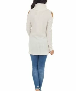 Lovely Melody Oatmeal Ribbed Knit Long Ladder Sleeve Cowl Neck Top Tops
