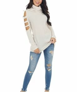 Lovely Melody Oatmeal Ribbed Knit Long Ladder Sleeve Cowl Neck Top Tops