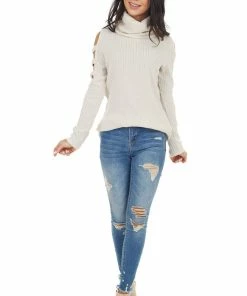 Lovely Melody Oatmeal Ribbed Knit Long Ladder Sleeve Cowl Neck Top Tops