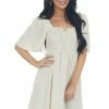 Umgee Oatmeal Smocked Flutter Sleeve Linen Dress