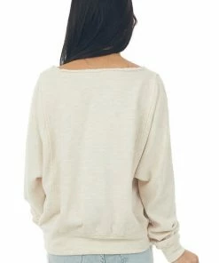 Wishlist Tops Oatmeal Two Tone Long Sleeve Knit Top With Raw Details