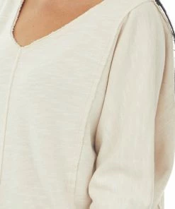 Wishlist Tops Oatmeal Two Tone Long Sleeve Knit Top With Raw Details