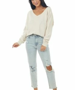 Wishlist Tops Oatmeal Two Tone Long Sleeve Knit Top With Raw Details