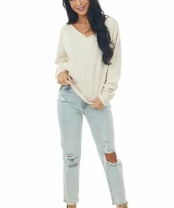 Wishlist Tops Oatmeal Two Tone Long Sleeve Knit Top With Raw Details