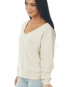 Wishlist Tops Oatmeal Two Tone Long Sleeve Knit Top With Raw Details