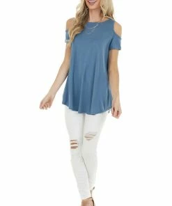CY Fashion Tops Ocean Blue Cold Shoulder Top With Criss Cross Back Detail