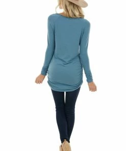 Vanilla Bay Ocean Blue Long Raglan Sleeve Top With Ruching Details Tops 24 Vanilla Bay Ocean Blue Long Raglan Sleeve Top With Ruching Details Tops