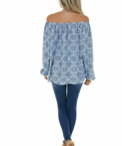 First Love Ocean Blue Printed Off Shoulder Blouse Tops 26 First Love Ocean Blue Printed Off Shoulder Blouse Tops