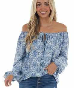 First Love Ocean Blue Printed Off Shoulder Blouse Tops