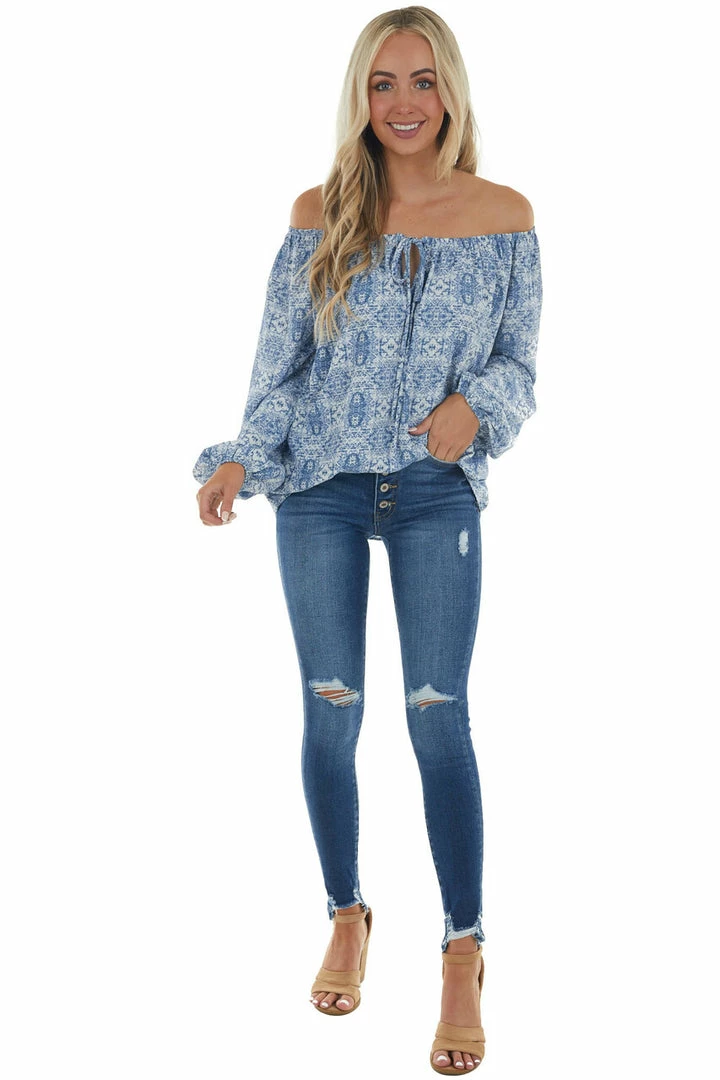 First Love Ocean Blue Printed Off Shoulder Blouse Tops 4 First Love Ocean Blue Printed Off Shoulder Blouse Tops