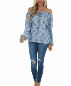 First Love Ocean Blue Printed Off Shoulder Blouse Tops 24 First Love Ocean Blue Printed Off Shoulder Blouse Tops