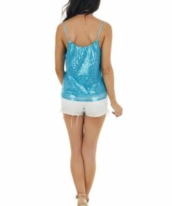 Andree Ocean Blue Sequined Woven Camisole Tank Top With V Neckline Tops 21 Andree Ocean Blue Sequined Woven Camisole Tank Top With V Neckline Tops