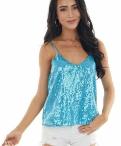 Andree Ocean Blue Sequined Woven Camisole Tank Top With V Neckline Tops