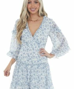 She + Sky Ocean Ditsy Floral Tiered Short Dress With Open Back Detail