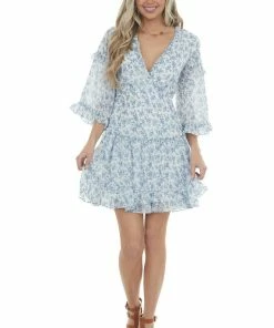 She + Sky Ocean Ditsy Floral Tiered Short Dress With Open Back Detail