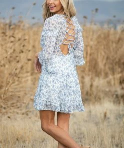 She + Sky Ocean Ditsy Floral Tiered Short Dress With Open Back Detail