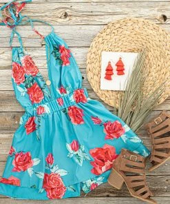 LE FEMME FASHION Dresses Ocean Floral Print Woven Sleeveless Romper With Skirt Overlay