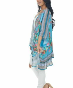 Umgee Ocean Floral Short Sleeve Open Front Kimono Tops