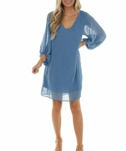 Eesome Dresses Ocean Long Bubble Sleeve Swiss Dot Short Dress
