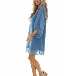 Eesome Dresses Ocean Long Bubble Sleeve Swiss Dot Short Dress