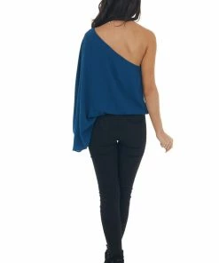 Main Strip Ocean One Shoulder Elastic Hem Flowy Blouse