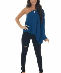 Main Strip Ocean One Shoulder Elastic Hem Flowy Blouse