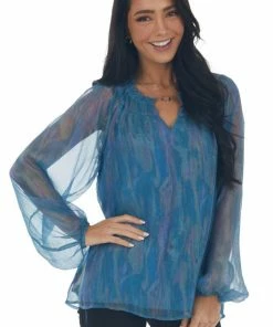Andree Ocean Pearlescent Sheer Long Sleeve Blouse Tops