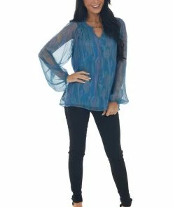 Andree Ocean Pearlescent Sheer Long Sleeve Blouse Tops