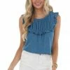 Lovely J Ocean Waffle Knit Short Flutter Sleeve Babydoll Top
