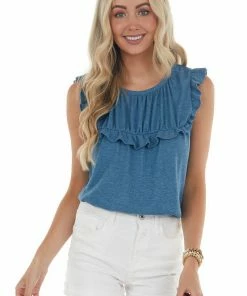Lovely J Ocean Waffle Knit Short Flutter Sleeve Babydoll Top