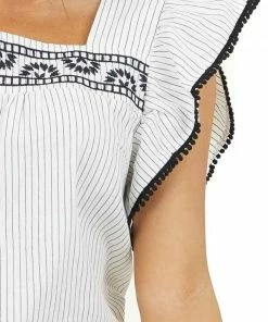 L Love Off White And Black Striped Top With Embroidery Details