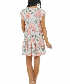 Lovely J Dresses Off White And Punch Floral Print Tiered Ruffle Sleeve Dress